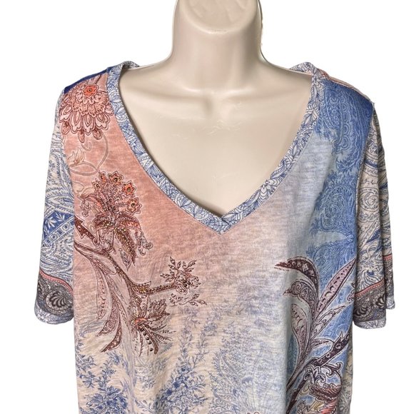 Westport Womens Embellished Top Cruise Ware Blouse Plus Size 2X Blue Pink u - Picture 2 of 7